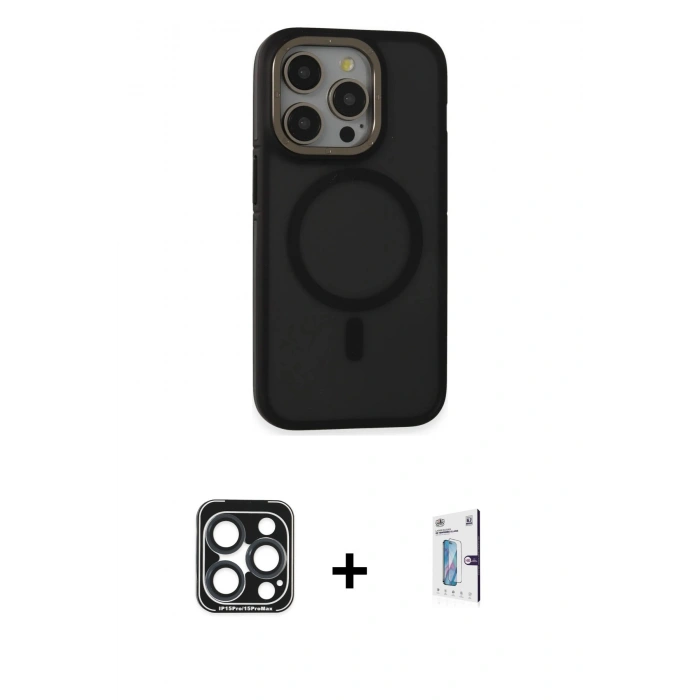 MARSİLYAN™- iPhone 15 Pro Max Kılıf Ahenk Form Serisi - Siyah Bilvis 0.18mm Plus Cam Ekran Koruyucu + PVD Metal Kamera Lens - LT