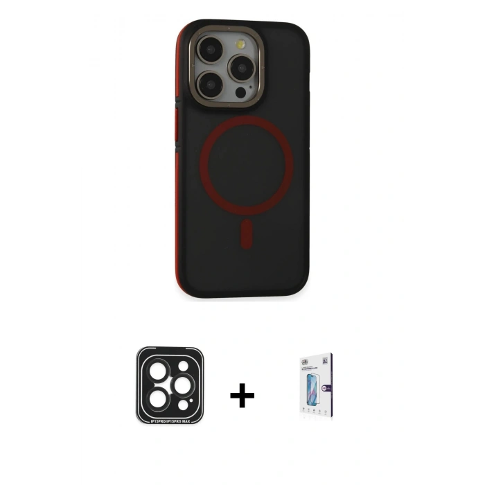 MARSİLYAN™- iPhone 15 Pro Max Kılıf Ahenk Form Serisi - Siyah Bilvis 0.18mm Plus Cam Ekran Koruyucu + PVD Metal Kamera Lens - SH
