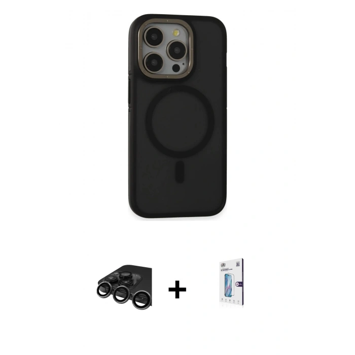 MARSİLYAN™- iPhone 15 Pro Max Kılıf Ahenk Form Serisi - Siyah Bilvis 0.18mm Plus Cam Ekran Koruyucu + Titanyum Gri Raze Metal Kamera Lens