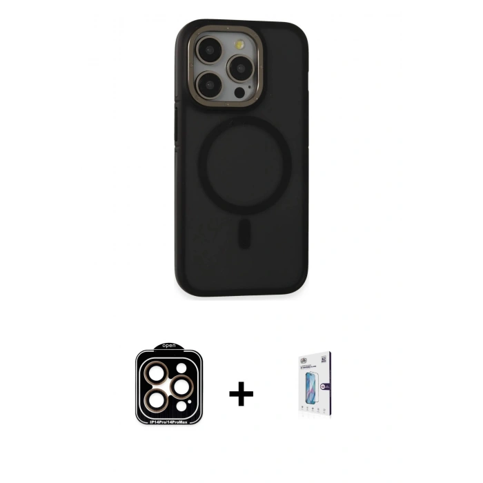 MARSİLYAN™- iPhone 15 Pro Max Kılıf Ahenk Form Serisi - Siyah Bilvis 0.18mm Plus Cam Ekran Koruyucu + Turuncu PVD Metal Kamera Lens