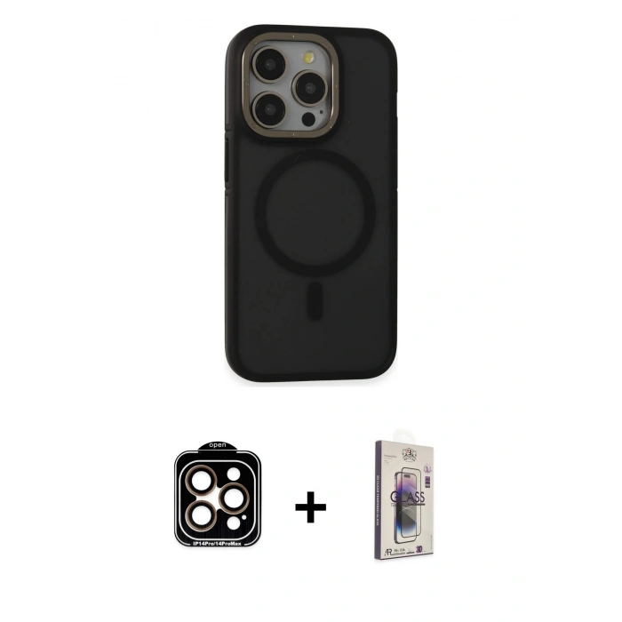 MARSİLYAN™- iPhone 15 Pro Max Kılıf Ahenk Form Serisi - Siyah Bilvis 3D Cam Ekran Koruyucu + PVD Metal Kamera Lens - TU