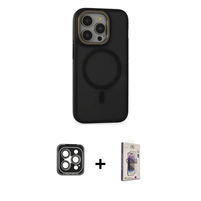 MARSİLYAN™- iPhone 15 Pro Max Kılıf Ahenk Form Serisi - Siyah Bilvis 3D Cam Ekran Koruyucu + PVD Metal Kamera Lens - GI