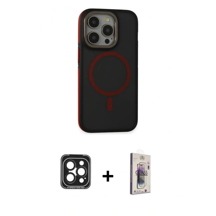 MARSİLYAN™- iPhone 15 Pro Max Kılıf Ahenk Form Serisi - Siyah Bilvis 3D Cam Ekran Koruyucu + PVD Metal Kamera Lens - SH