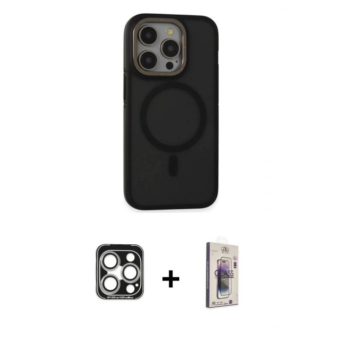 MARSİLYAN™- iPhone 15 Pro Max Kılıf Ahenk Form Serisi - Siyah Bilvis 3D Cam Ekran Koruyucu + PVD Metal Kamera Lens - GS