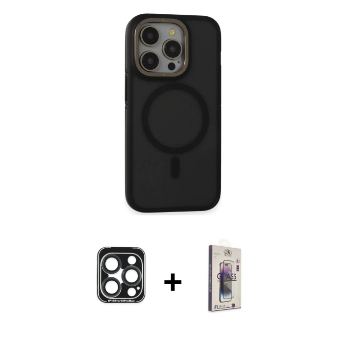 MARSİLYAN™- iPhone 15 Pro Max Kılıf Ahenk Form Serisi - Siyah Bilvis 3D Cam Ekran Koruyucu + PVD Metal Kamera Lens - LT