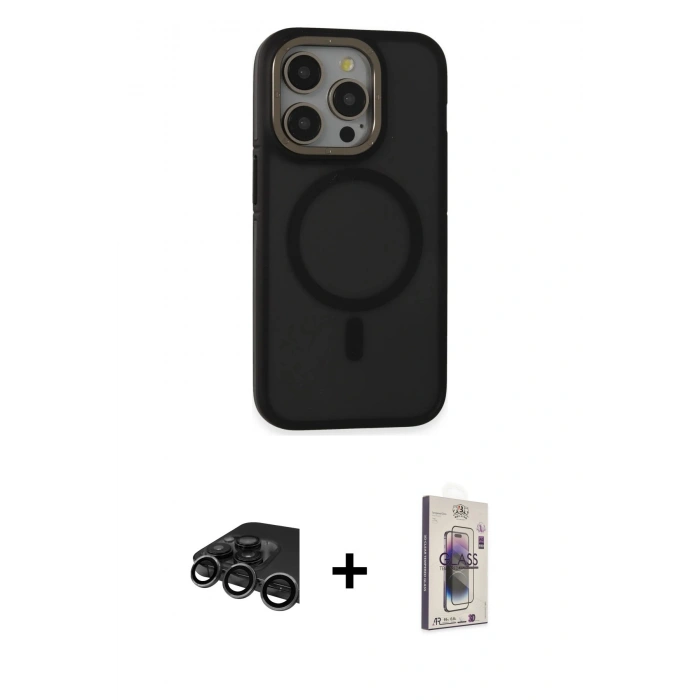 MARSİLYAN™- iPhone 15 Pro Max Kılıf Ahenk Form Serisi - Siyah Bilvis 3D Cam Ekran Koruyucu + Raze Metal Kamera Lens - TMGI