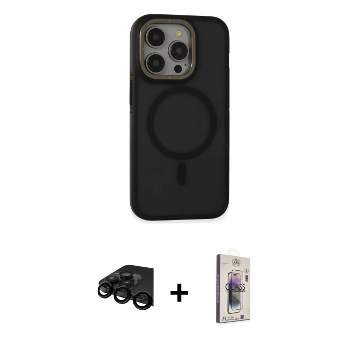 MARSİLYAN™- iPhone 15 Pro Max Kılıf Ahenk Form Serisi - Siyah Bilvis 3D Cam Ekran Koruyucu + Raze Metal Kamera Lens - SH