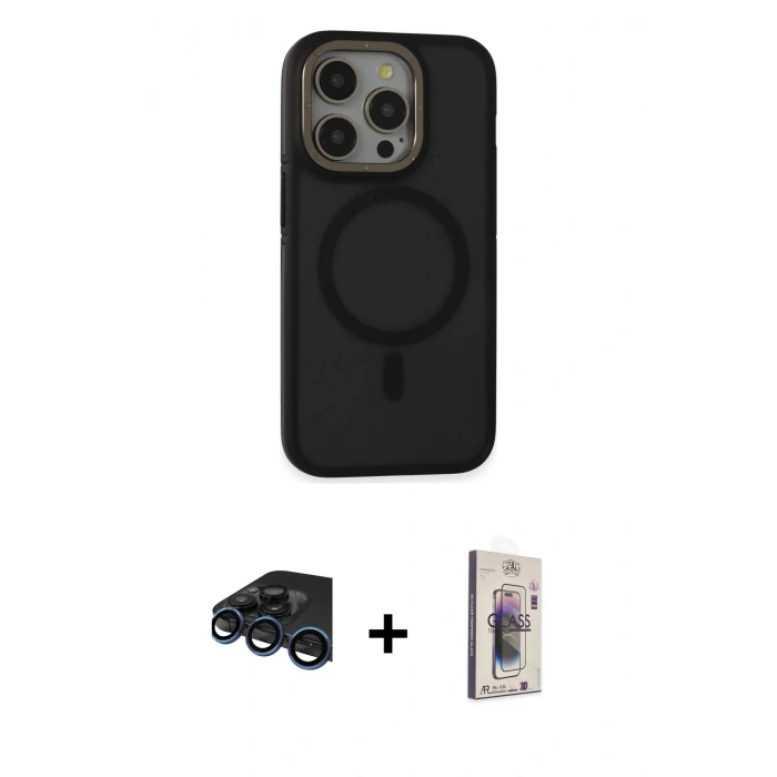 MARSİLYAN™- iPhone 15 Pro Max Kılıf Ahenk Form Serisi - Siyah Bilvis 3D Cam Ekran Koruyucu + Raze Metal Kamera Lens - LT
