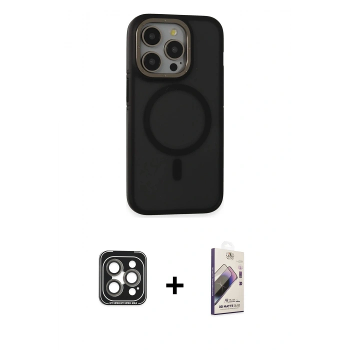 MARSİLYAN™- iPhone 15 Pro Max Kılıf Ahenk Form Serisi - Siyah Bilvis 3D Mat Cam Ekran Koruyucu + PVD Metal Kamera Lens - GI