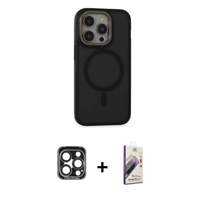 MARSİLYAN™- iPhone 15 Pro Max Kılıf Ahenk Form Serisi - Siyah Bilvis 3D Mat Cam Ekran Koruyucu + PVD Metal Kamera Lens - LT