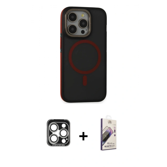 MARSİLYAN™- iPhone 15 Pro Max Kılıf Ahenk Form Serisi - Siyah Bilvis 3D Mat Cam Ekran Koruyucu + PVD Metal Kamera Lens - GS