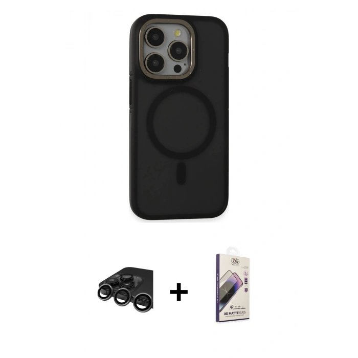 MARSİLYAN™- iPhone 15 Pro Max Kılıf Ahenk Form Serisi - Siyah Bilvis 3D Mat Cam Ekran Koruyucu + Raze Metal Kamera Lens - TMGI