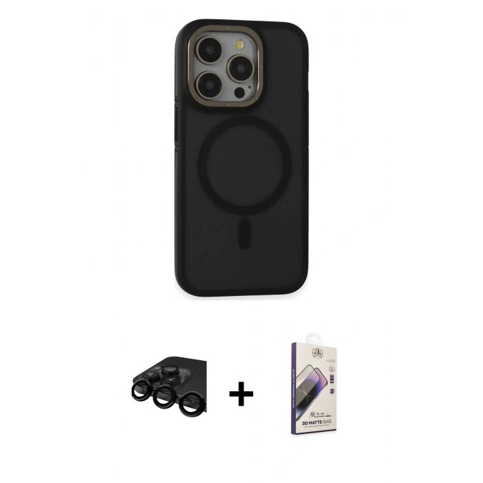MARSİLYAN™- iPhone 15 Pro Max Kılıf Ahenk Form Serisi - Siyah Bilvis 3D Mat Cam Ekran Koruyucu + Raze Metal Kamera Lens - SH