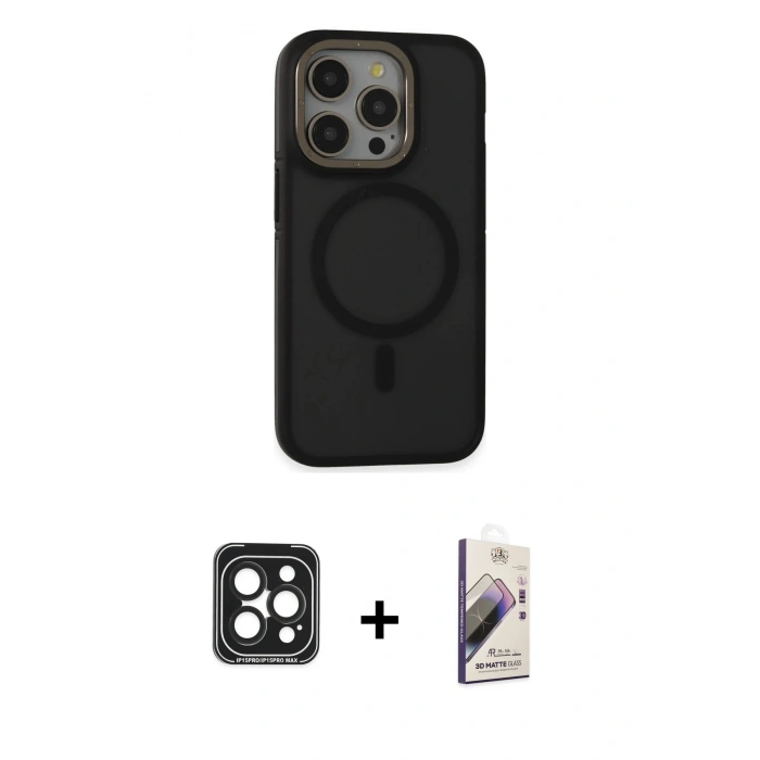 MARSİLYAN™- iPhone 15 Pro Max Kılıf Ahenk Form Serisi - Siyah Bilvis 3D Mat Cam Ekran Koruyucu + PVD Metal Kamera Lens - SH