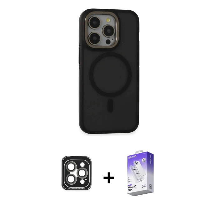 MARSİLYAN™- iPhone 15 Pro Max Kılıf Ahenk Form Serisi - Siyah Bilvis 5in1 3D Magic Cam Ekran Koruyucu + PVD Metal Kamera Lens - GI