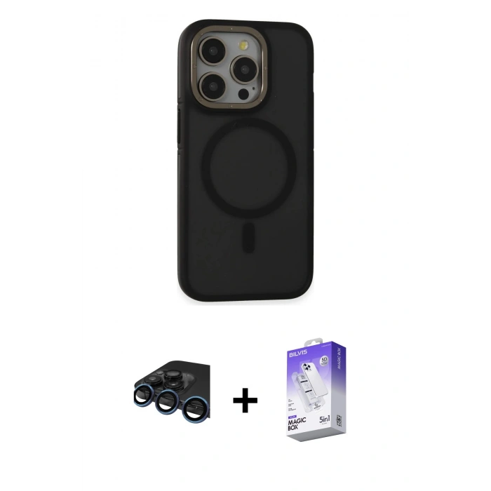 MARSİLYAN™- iPhone 15 Pro Max Kılıf Ahenk Form Serisi - Siyah Bilvis 5in1 3D Magic Cam Ekran Koruyucu + Raze Metal Kamera Lens - LT