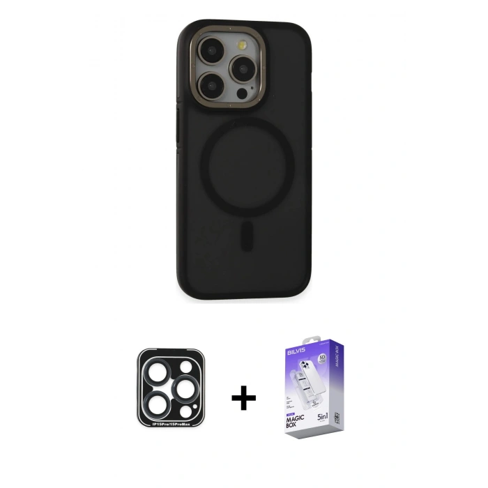 MARSİLYAN™- iPhone 15 Pro Max Kılıf Ahenk Form Serisi - Siyah Bilvis 5in1 3D Magic Cam Ekran Koruyucu + PVD Metal Kamera Lens - LT