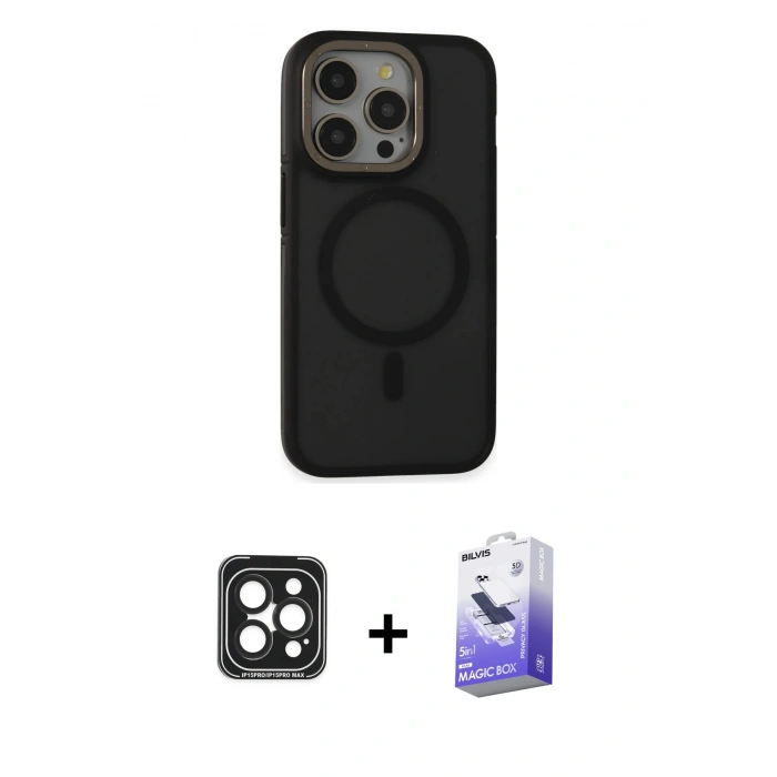 MARSİLYAN™- iPhone 15 Pro Max Kılıf Ahenk Form Serisi - Siyah Bilvis 5in1 5D Magic Hayalet Cam Ekran Koruyucu + PVD Metal Kamera Lens - SH