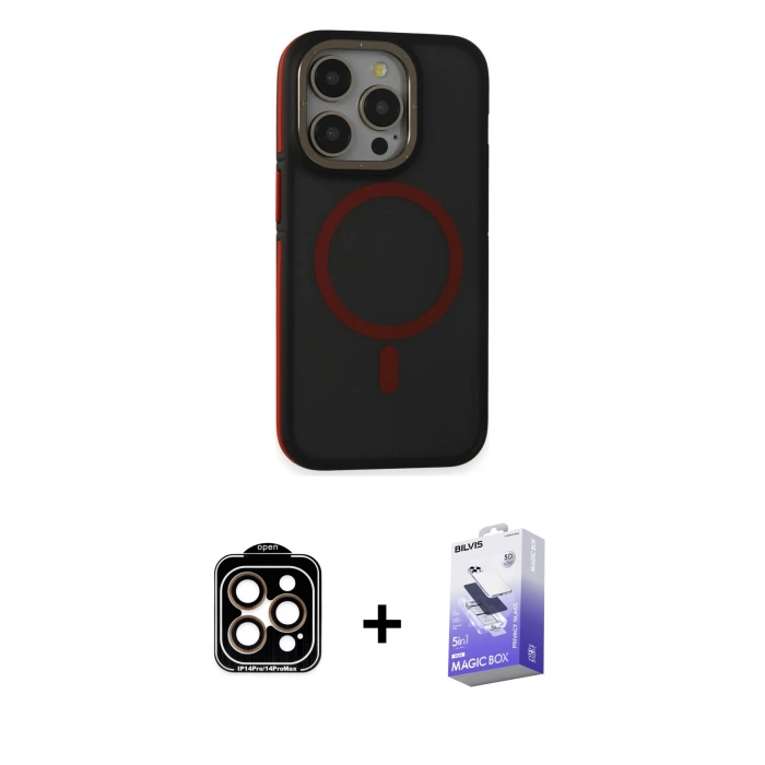 MARSİLYAN™- iPhone 15 Pro Max Kılıf Ahenk Form Serisi - Siyah Bilvis 5in1 5D Magic Hayalet Cam Ekran Koruyucu + PVD Metal Kamera Lens - TU