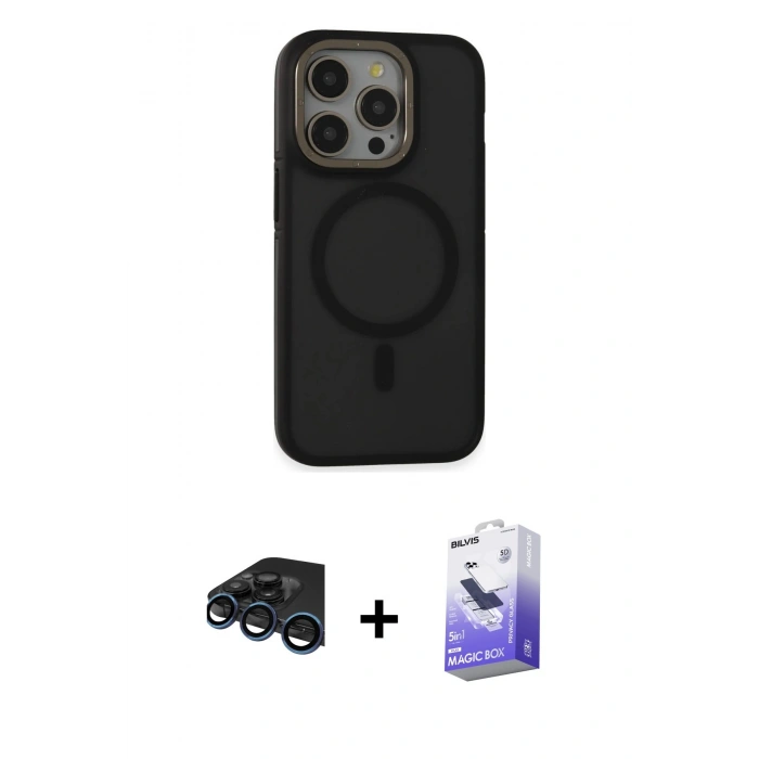 MARSİLYAN™- iPhone 15 Pro Max Kılıf Ahenk Form Serisi - Siyah Bilvis 5in1 5D Magic Hayalet Cam Ekran Koruyucu + Raze Metal Kamera Lens - LT