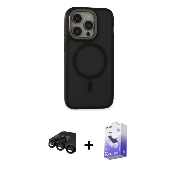 MARSİLYAN™- iPhone 15 Pro Max Kılıf Ahenk Form Serisi - Siyah Bilvis 5in1 5D Magic Hayalet Cam Ekran Koruyucu + Raze Metal Kamera Lens - SH