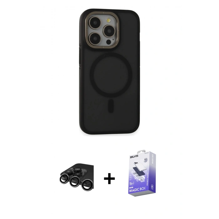 MARSİLYAN™- iPhone 15 Pro Max Kılıf Ahenk Form Serisi - Siyah Bilvis 5in1 5D Magic Hayalet Cam Ekran Koruyucu + Raze Metal Kamera Lens - TMGI