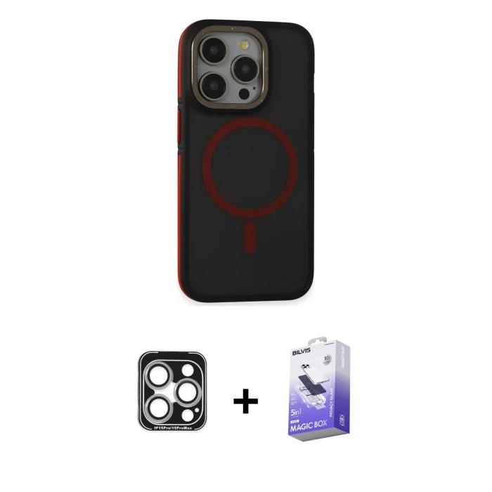 MARSİLYAN™- iPhone 15 Pro Max Kılıf Ahenk Form Serisi - Siyah Bilvis 5in1 5D Magic Hayalet Cam Ekran Koruyucu + PVD Metal Kamera Lens - GS