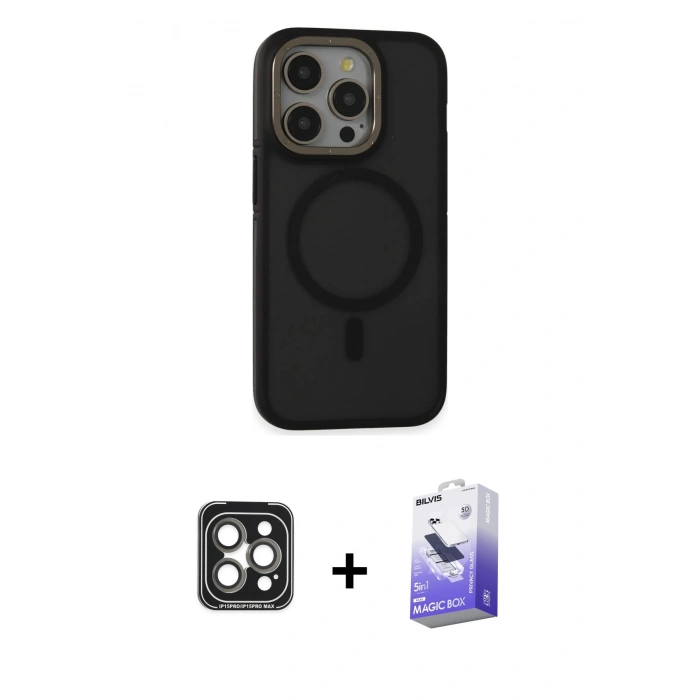 MARSİLYAN™- iPhone 15 Pro Max Kılıf Ahenk Form Serisi - Siyah Bilvis 5in1 5D Magic Hayalet Cam Ekran Koruyucu + PVD Metal Kamera Lens - GI
