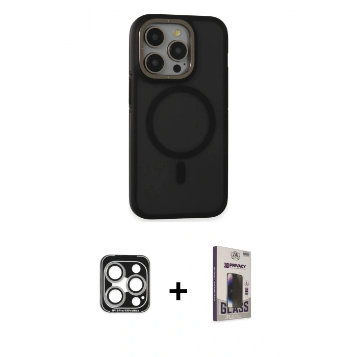 MARSİLYAN™- iPhone 15 Pro Max Kılıf Ahenk Form Serisi - Siyah Bilvis Hayalet Cam Ekran Koruyucu + PVD Metal Kamera Lens - GS