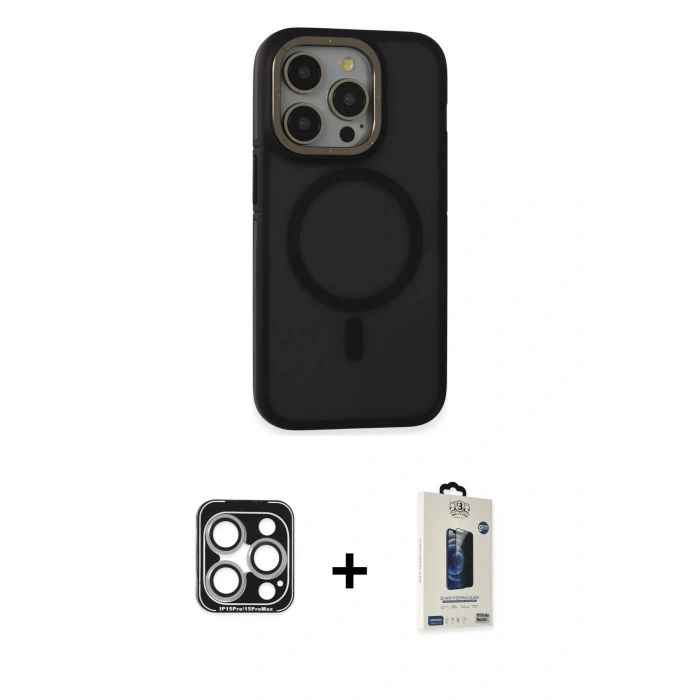 MARSİLYAN™- iPhone 15 Pro Max Kılıf Ahenk Form Serisi - Siyah Bilvis Hayalet Cam Ekran Koruyucu + PVD Metal Kamera Lens - GS