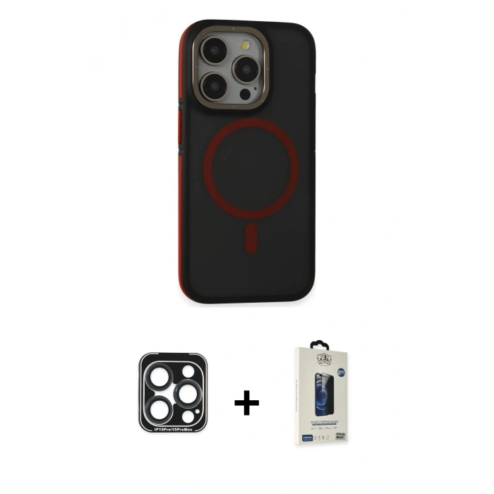 MARSİLYAN™- iPhone 15 Pro Max Kılıf Ahenk Form Serisi - Siyah Bilvis Hayalet Cam Ekran Koruyucu + PVD Metal Kamera Lens - LT