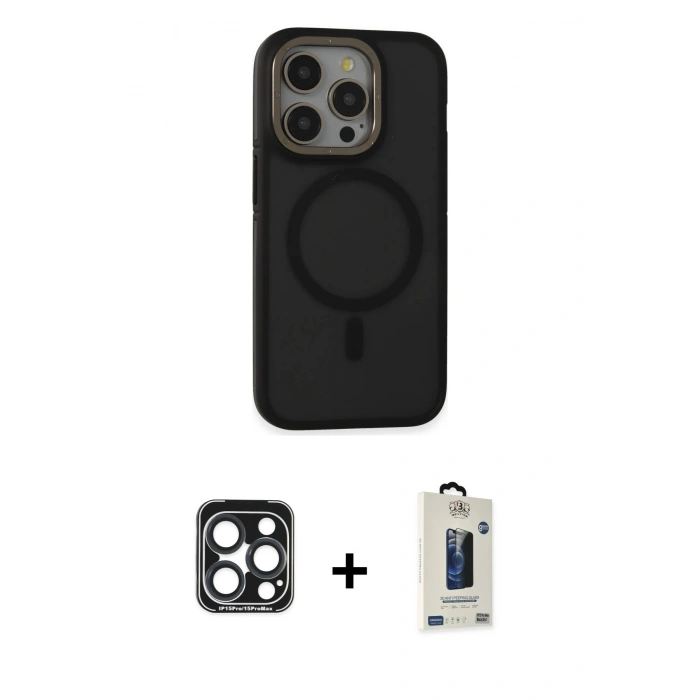 MARSİLYAN™- iPhone 15 Pro Max Kılıf Ahenk Form Serisi - Siyah Bilvis Hayalet Cam Ekran Koruyucu + PVD Metal Kamera Lens - LT