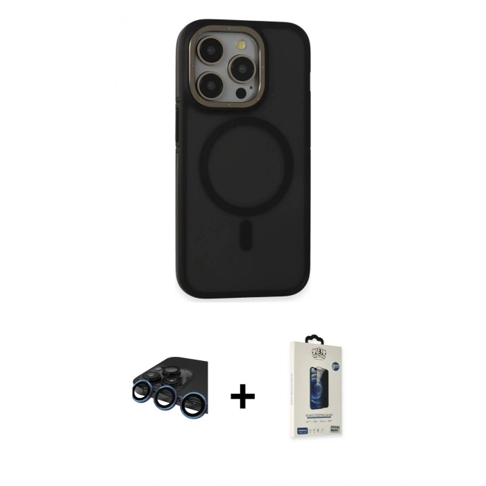 MARSİLYAN™- iPhone 15 Pro Max Kılıf Ahenk Form Serisi - Siyah Bilvis Hayalet Cam Ekran Koruyucu + Lacivert Raze Metal Kamera Lens