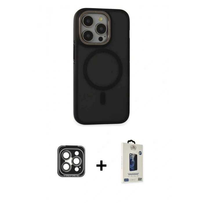 MARSİLYAN™- iPhone 15 Pro Max Kılıf Ahenk Form Serisi - Siyah Bilvis Hayalet Cam Ekran Koruyucu + PVD Metal Kamera Lens - GI