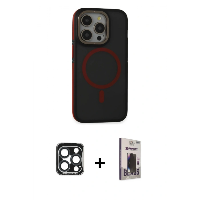 MARSİLYAN™- iPhone 15 Pro Max Kılıf Ahenk Form Serisi - Siyah Bilvis Hayalet Cam Ekran Koruyucu + PVD Metal Kamera Lens - LT