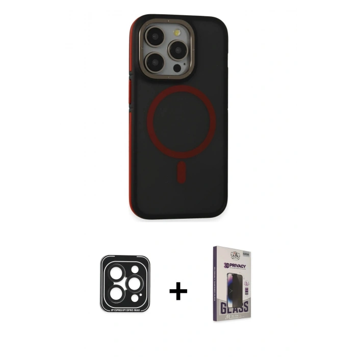 MARSİLYAN™- iPhone 15 Pro Max Kılıf Ahenk Form Serisi - Siyah Bilvis Hayalet Cam Ekran Koruyucu + PVD Metal Kamera Lens - SH