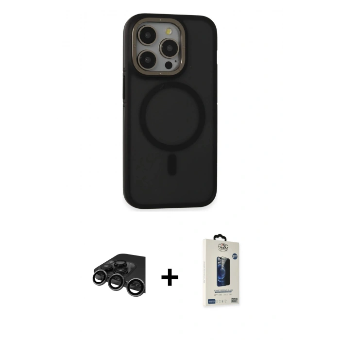 MARSİLYAN™- iPhone 15 Pro Max Kılıf Ahenk Form Serisi - Siyah Bilvis Hayalet Cam Ekran Koruyucu + Raze Metal Kamera Lens - TMGI