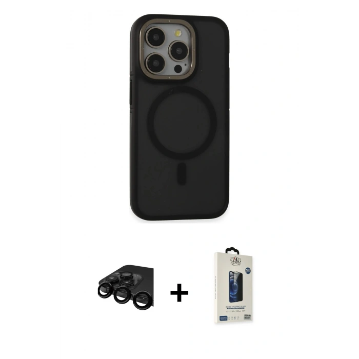 MARSİLYAN™- iPhone 15 Pro Max Kılıf Ahenk Form Serisi - Siyah Bilvis Hayalet Cam Ekran Koruyucu + Raze Metal Kamera Lens - SH