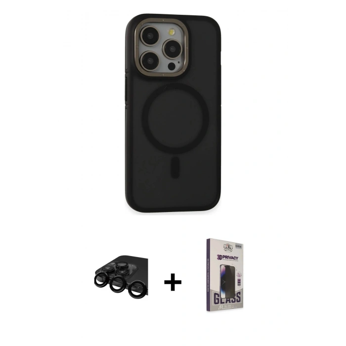 MARSİLYAN™- iPhone 15 Pro Max Kılıf Ahenk Form Serisi - Siyah Bilvis Hayalet Cam Ekran Koruyucu + Raze Metal Kamera Lens - SH