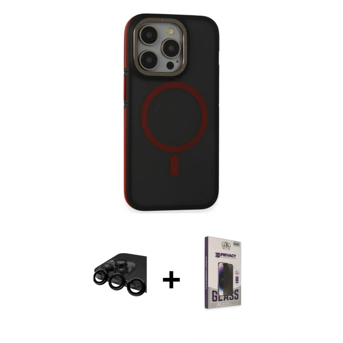 MARSİLYAN™- iPhone 15 Pro Max Kılıf Ahenk Form Serisi - Siyah Bilvis Hayalet Cam Ekran Koruyucu + Raze Metal Kamera Lens - SH