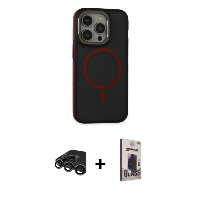 MARSİLYAN™- iPhone 15 Pro Max Kılıf Ahenk Form Serisi - Siyah Bilvis Hayalet Cam Ekran Koruyucu + Titanyum Gri Raze Metal Kamera Lens