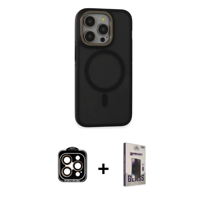 MARSİLYAN™- iPhone 15 Pro Max Kılıf Ahenk Form Serisi - Siyah Bilvis Hayalet Cam Ekran Koruyucu + PVD Metal Kamera Lens - TU