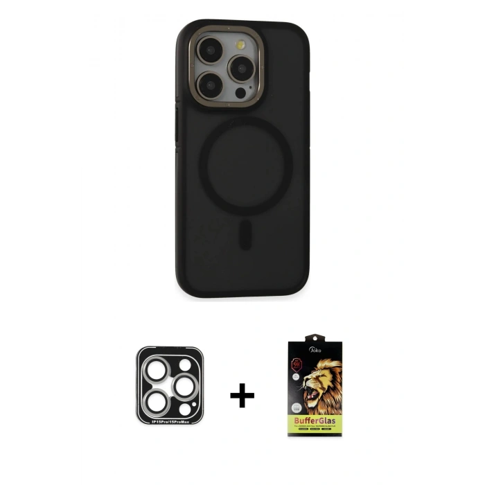 MARSİLYAN™- iPhone 15 Pro Max Kılıf Ahenk Form Serisi - Siyah Buffer Cam Ekran Koruyucu + PVD Metal Kamera Lens - GS