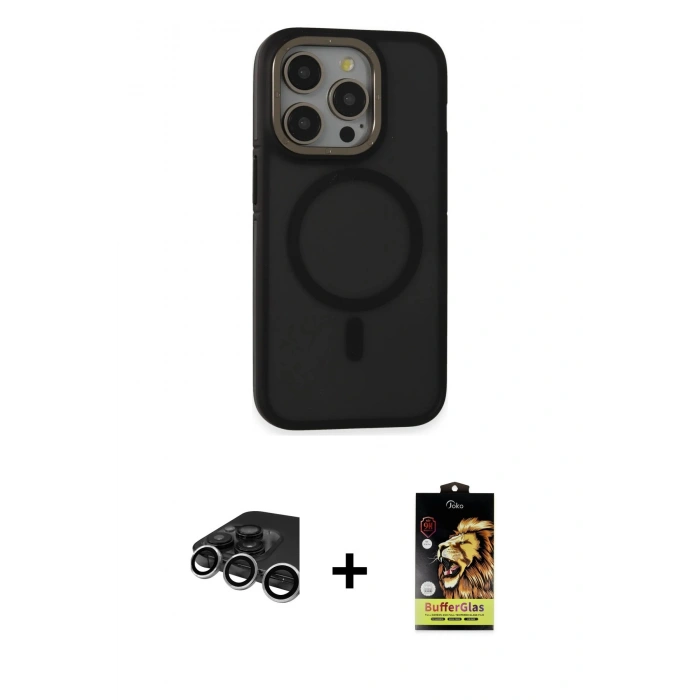 MARSİLYAN™- iPhone 15 Pro Max Kılıf Ahenk Form Serisi - Siyah Buffer Cam Ekran Koruyucu + Raze Metal Kamera Lens - GS