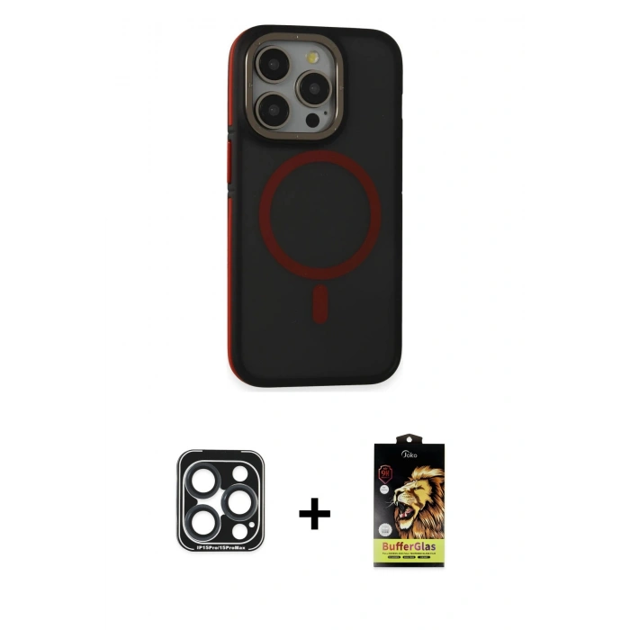 MARSİLYAN™- iPhone 15 Pro Max Kılıf Ahenk Form Serisi - Siyah Buffer Cam Ekran Koruyucu + PVD Metal Kamera Lens - LT
