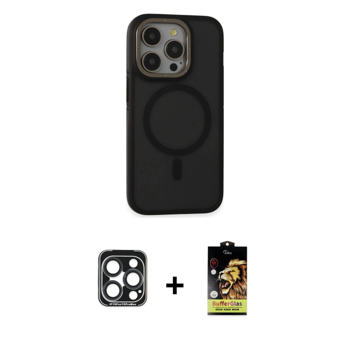 MARSİLYAN™- iPhone 15 Pro Max Kılıf Ahenk Form Serisi - Siyah Buffer Cam Ekran Koruyucu + PVD Metal Kamera Lens - LT