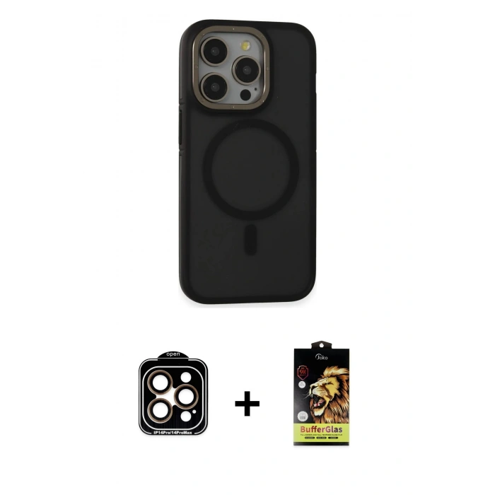 MARSİLYAN™- iPhone 15 Pro Max Kılıf Ahenk Form Serisi - Siyah Buffer Cam Ekran Koruyucu + Turuncu PVD Metal Kamera Lens