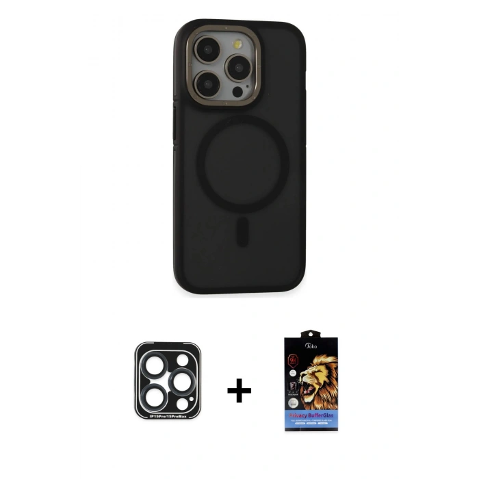 MARSİLYAN™- iPhone 15 Pro Max Kılıf Ahenk Form Serisi - Siyah Buffer Hayalet Cam Ekran Koruyucu + PVD Metal Kamera Lens - LT