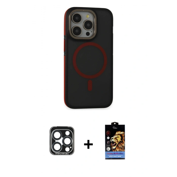 MARSİLYAN™- iPhone 15 Pro Max Kılıf Ahenk Form Serisi - Siyah Buffer Hayalet Cam Ekran Koruyucu + PVD Metal Kamera Lens - LT