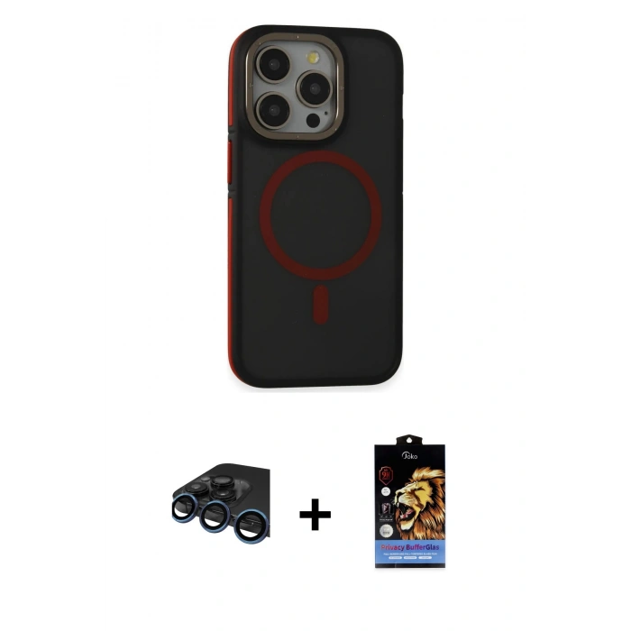 MARSİLYAN™- iPhone 15 Pro Max Kılıf Ahenk Form Serisi - Siyah Buffer Hayalet Cam Ekran Koruyucu + Lacivert Raze Metal Kamera Lens